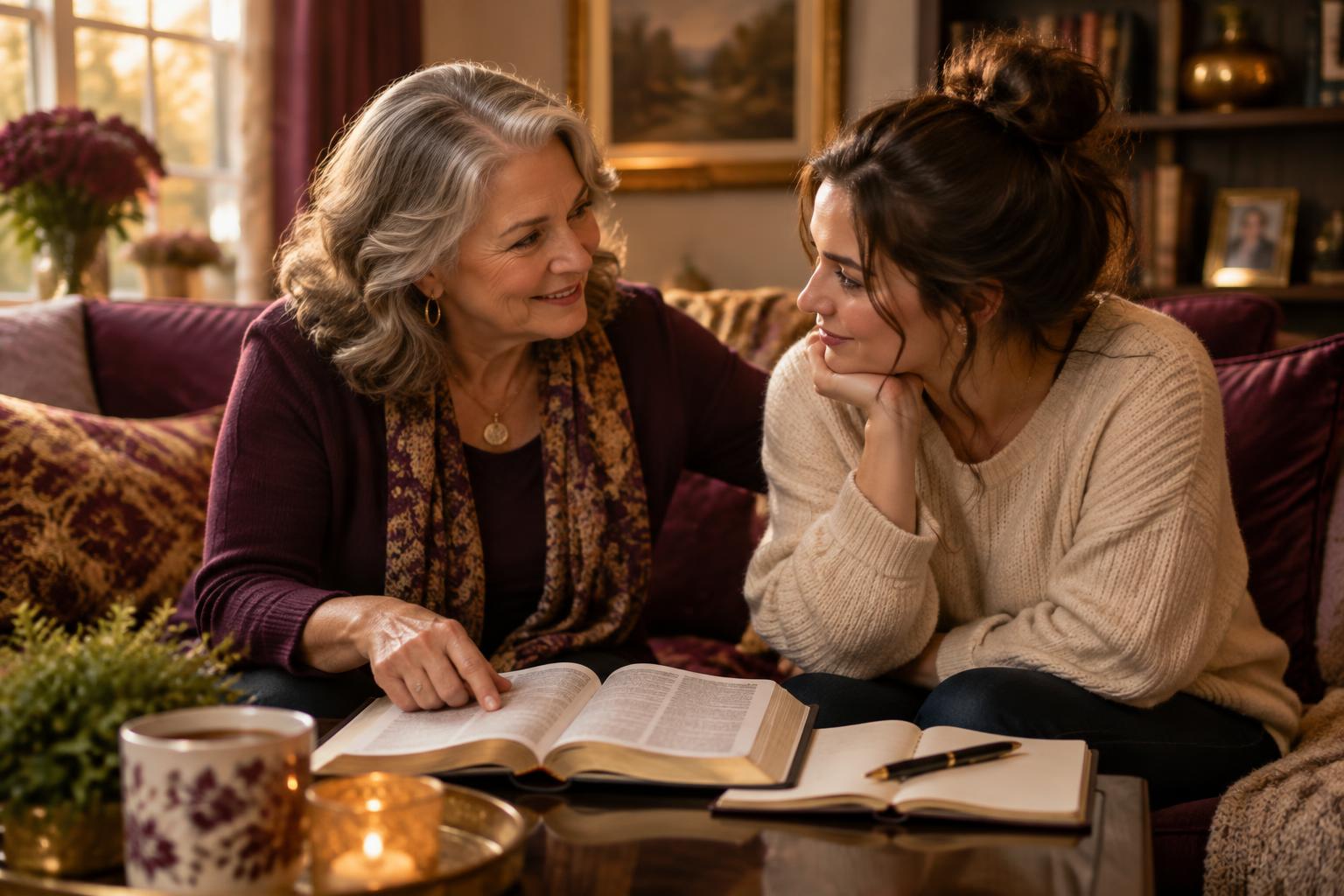 An older woman mentoring a younger woman over an open Bible